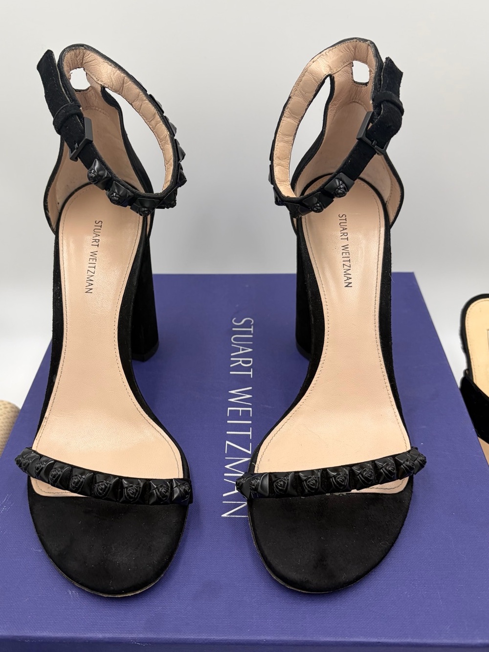 Stuart Weitzman Rosemarie Black Rosette Studded Block-Heel Ankle Strap Size 8 M